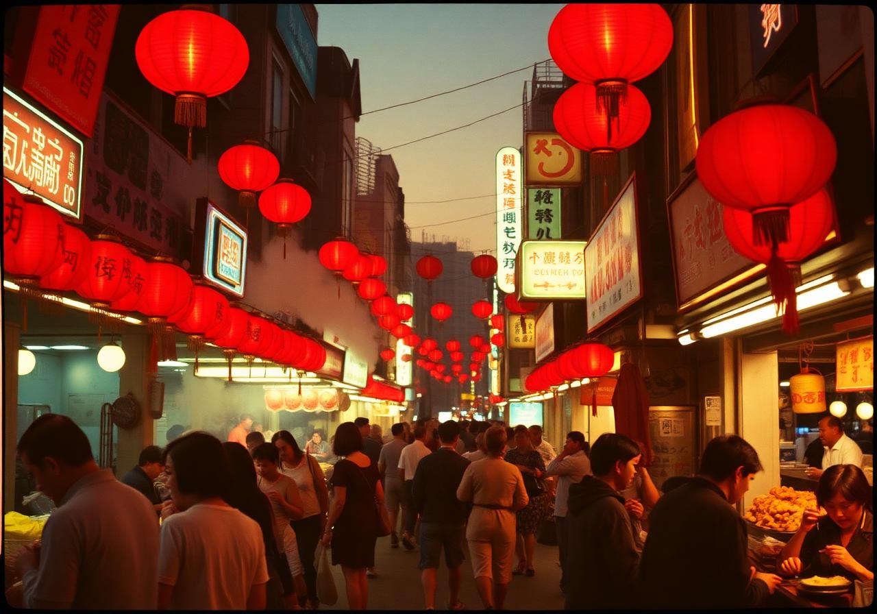 Mercado nocturno de Pingtung, en el sur de Taiwán, con farolas rojas y puestos de pollo frito